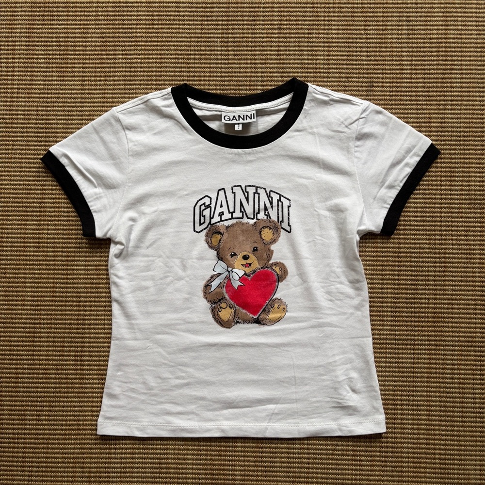 $145 Ganni teddy bear graphic tee cropped top white